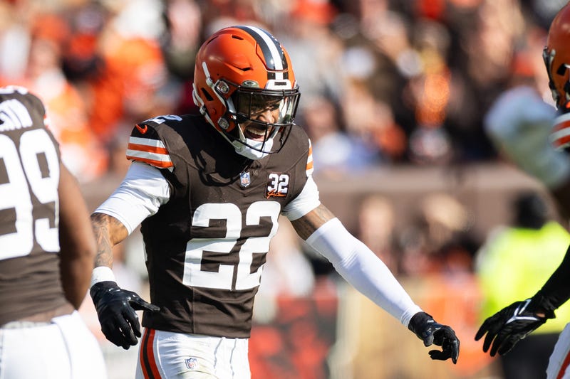 Cleveland Browns safety Grant Delpit (22) celebrates a third down stop against the Arizona Cardinals during the first quarter at Cleveland Browns Stadium. 