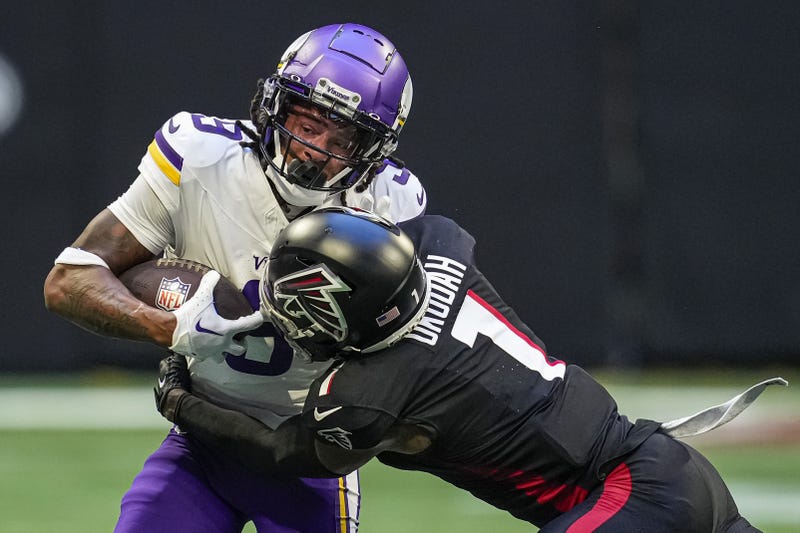 Minnesota Vikings wide receiver Trishton Jackson (9) runs against Atlanta Falcons cornerback Jeff Okudah (1) during the second half at Mercedes-Benz Stadium in 2023.