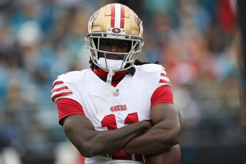San Francisco 49ers wide receiver Brandon Aiyuk (11) reacts to his touchdown score during the first quarter of an NFL football game Sunday, Nov. 12, 2023 at EverBank Stadium in Jacksonville, Fla.