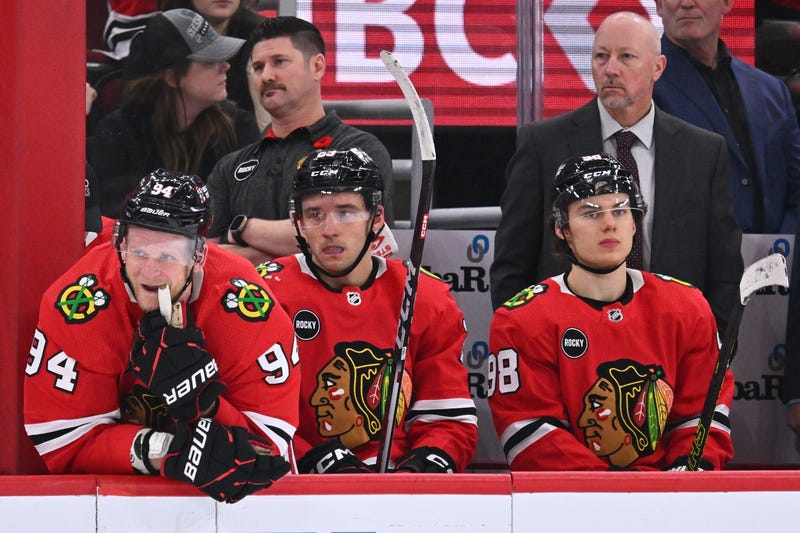 Chicago Blackhawks forward Corey Perry (94), forward Philipp Kurashev (23) and forward Connor Bedard (98)