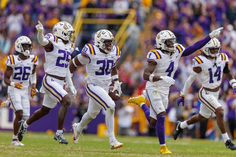 LSU Tigers linebacker Greg Penn III (30) reacts to getting an interception