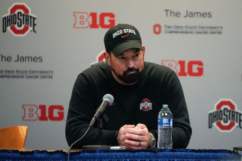 Ohio State Buckeyes head coach Ryan Day answers questions at a press conference following the NCAA football game against the Michigan Wolverines at Michigan Stadium.