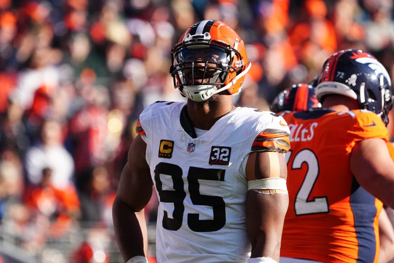 Nov 26, 2023; Denver, Colorado, USA; Cleveland Browns defensive end Myles Garrett (95) during a video review in the first quarter against the Denver Broncos at Empower Field at Mile High. Mandatory Credit: Ron Chenoy-USA TODAY Sports