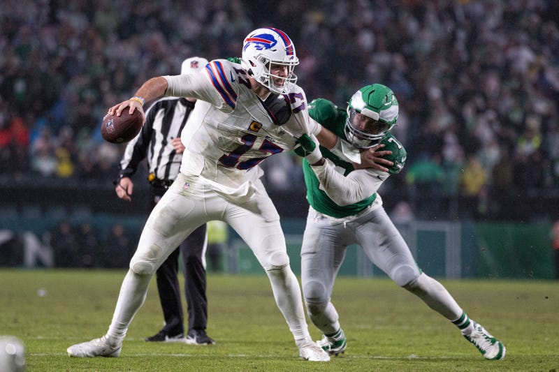 Philadelphia Eagles linebacker Haason Reddick (7) sacks Buffalo Bills quarterback Josh Allen (17) during the second quarter at Lincoln Financial Field on Nov. 26, 2023. 