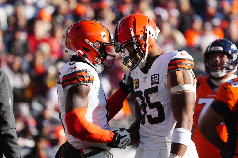 Nov 26, 2023; Denver, Colorado, USA; Cleveland Browns defensive end Myles Garrett (95) and linebacker Anthony Walker Jr. (5) during the first quarter against the Denver Broncos at Empower Field at Mile High