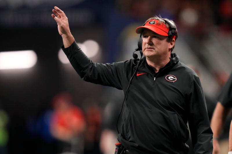 Dec 2, 2023; Atlanta, GA, USA; Georgia Bulldogs head coach Kirby Smart during the first half in the SEC Championship game against the Alabama Crimson Tide at Mercedes-Benz Stadium. Mandatory Credit: Dale Zanine-Imagn Images