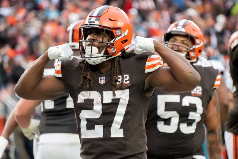 Cleveland Browns running back Kareem Hunt (27) celebrates after scoring a touchdown during the second half against the Jacksonville Jaguars at Cleveland Browns Stadium.