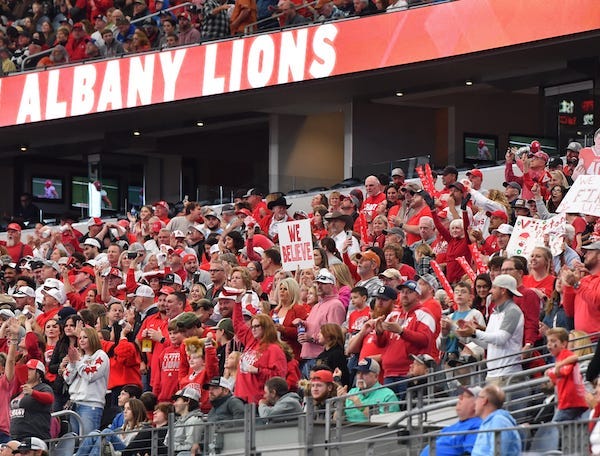 Albany's crowd cheers their team on during the 2A DII UIL Texas state title game against Mart on Thursday, December 14, 2023 at AT&T Stadium