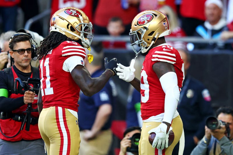 San Francisco 49ers wide receiver Deebo Samuel (19) celebrates with wide receiver Brandon Aiyuk (11) after scoring a touchdown during a game this past season.