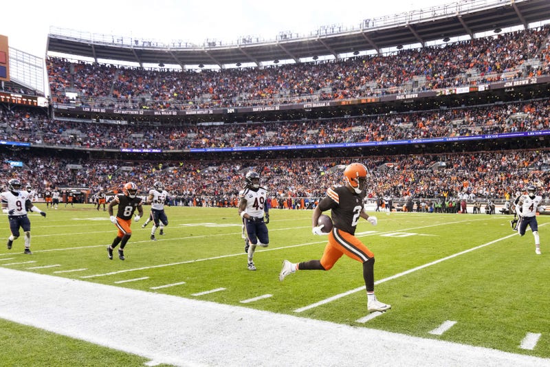 Cleveland Browns wide receiver Amari Cooper (2) runs the ball along the sideline for a touchdown against the Chicago Bears during the fourth quarter at Cleveland Browns Stadium. 