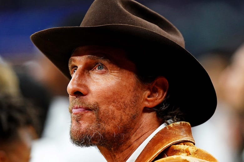 Matthew McConaughey looks on from the sidelines during the second quarter of the game between the Washington Huskies and the Texas Longhorns in the 2024 Sugar Bowl college football playoff semifinal game at Caesars Superdome