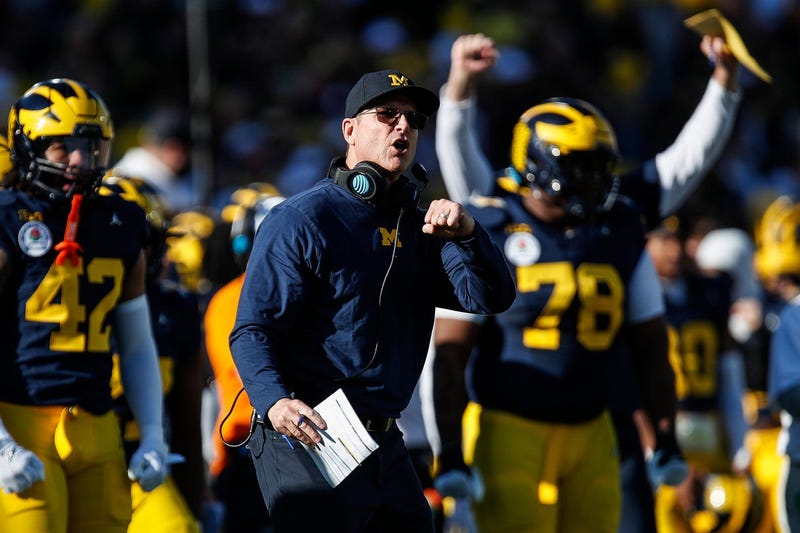 Michigan coach Jim Harbaugh reacts to a play against Alabama during the first half of the Rose Bowl in Pasadena, California, on Monday, Jan. 1, 2024.