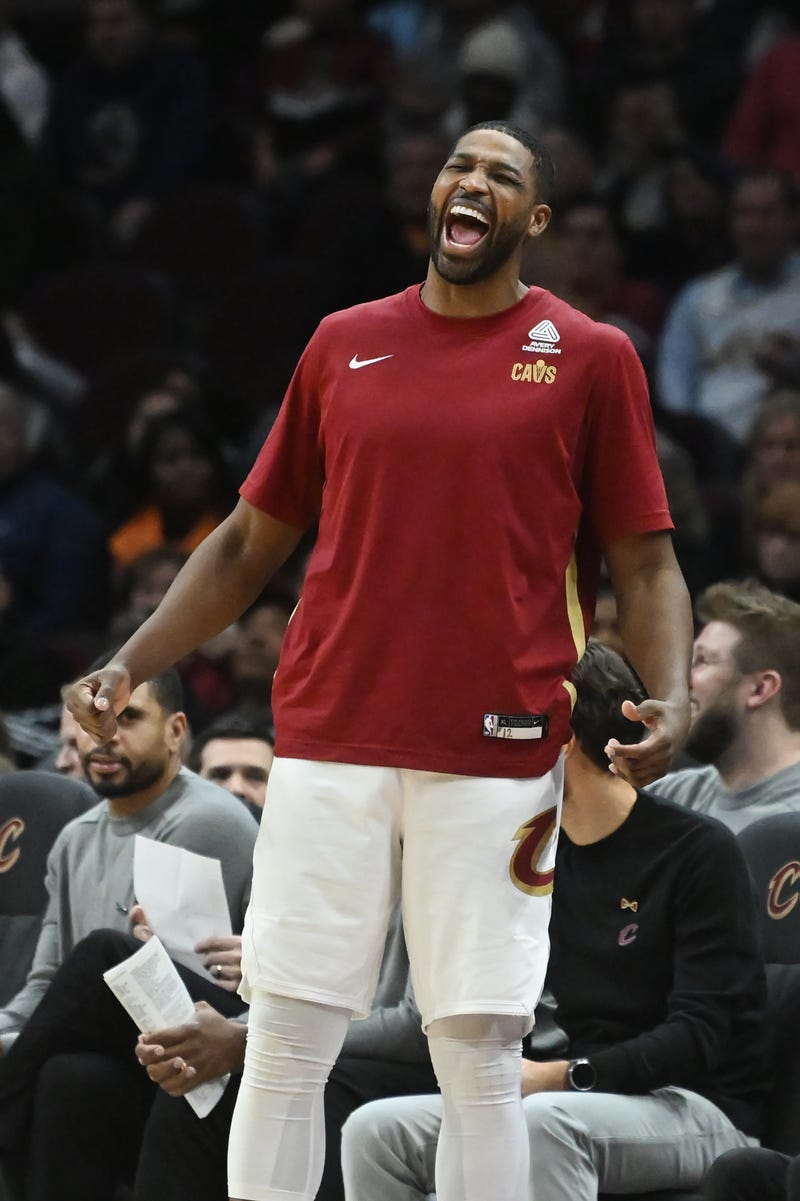 Jan 5, 2024; Cleveland, Ohio, USA; Cleveland Cavaliers center Tristan Thompson (12) celebrates after the Cavs hit a three point basket during the second half against the Washington Wizards at Rocket Mortgage FieldHouse.