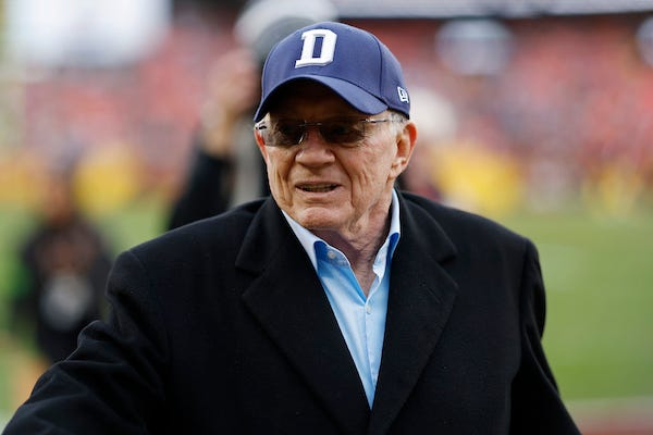 Dallas Cowboys owner Jerry Jones walks off the field after warmups prior to the game against the Washington Commanders at FedExField