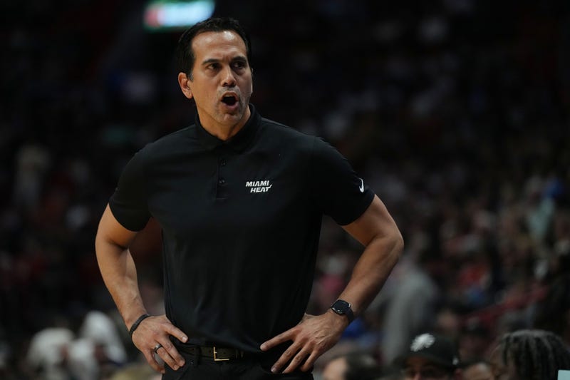 Miami Heat head coach Erik Spoelstra directs his team during the first half against the Oklahoma City Thunder at Kaseya Center.