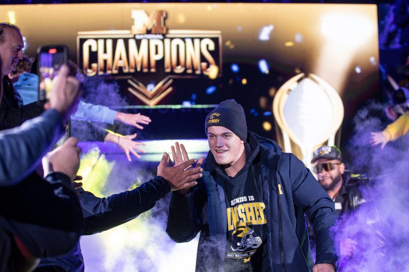 Michigan quarterback J.J. McCarthy is introduced during the national championship celebration at Crisler Center in Ann Arbor on Saturday, Jan. 13, 2024.