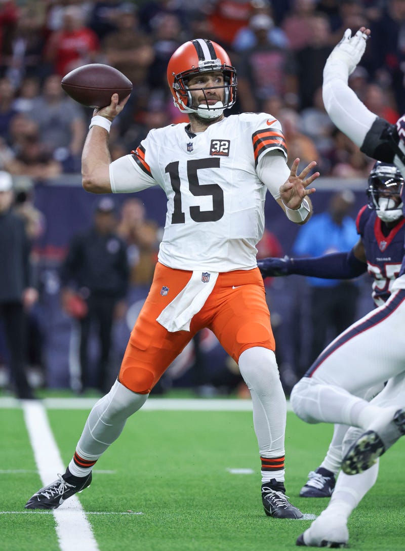 Jan 13, 2024; Houston, Texas, USA; Cleveland Browns quarterback Joe Flacco (15) attempts a pass in a 2024 AFC wild card game against the Houston Texans at NRG Stadium.