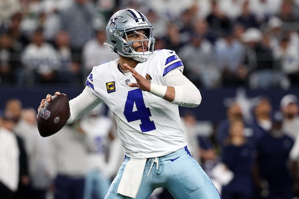 Dallas Cowboys quarterback Dak Prescott (4) drops back to pass against the Green Bay Packers in the first half of the 2024 NFC wild card game at AT&T Stadium