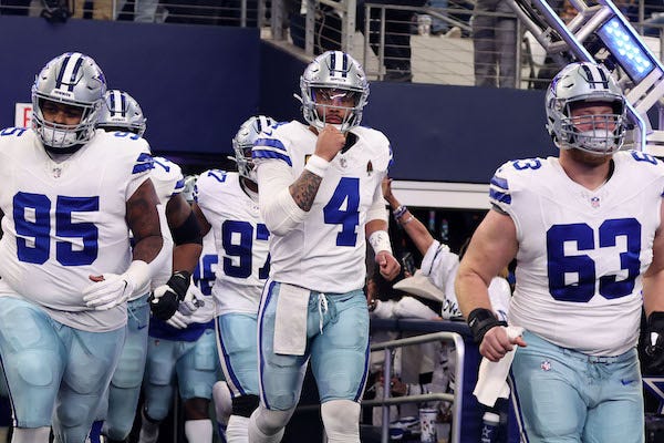 Dallas Cowboys quarterback Dak Prescott (4) takes the field against the Green Bay Packers for the 2024 NFC wild card game at AT&T Stadium