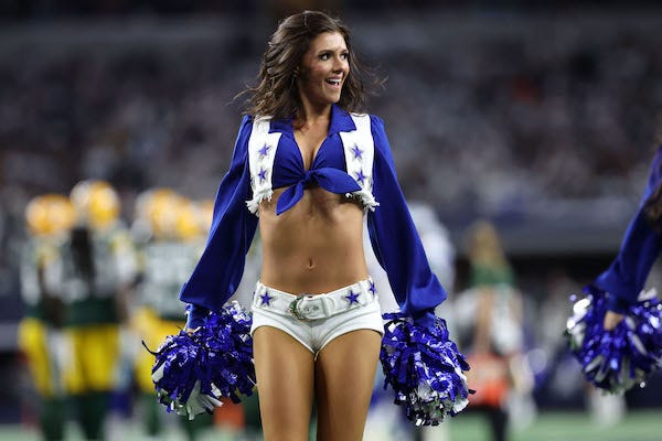 The Dallas Cowboys cheerleaders perform during the first quarter for the 2024 NFC wild card game against the Green Bay Packers at AT&T Stadium