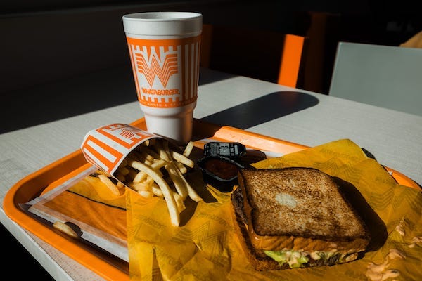 Whataburger's Avocado Bacon Burger (hold the tomato) with a medium fry and drink