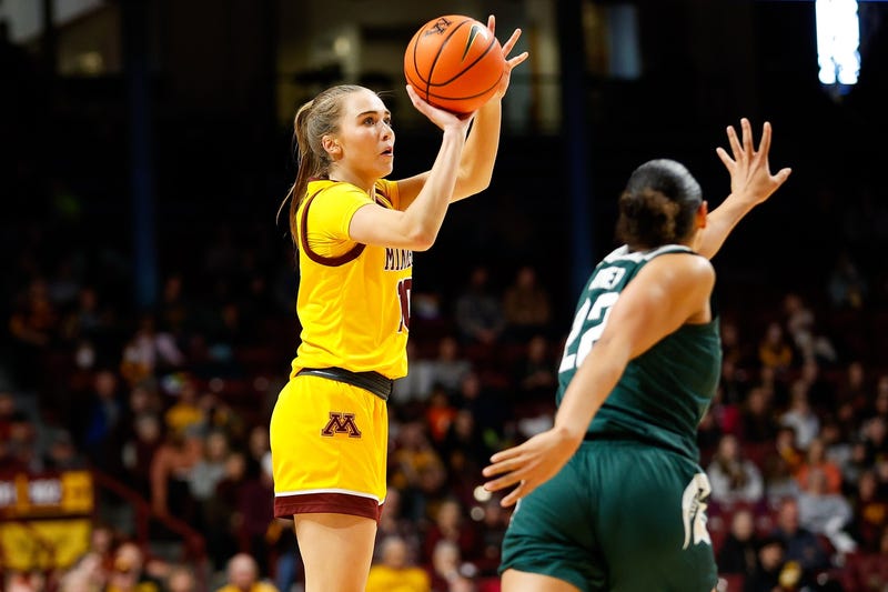 Minnesota Golden Gophers guard Mara Braun (10) shoots as Michigan State Spartans guard Moira Joiner (22) defends during the first half at Williams Arena in January, 2024.