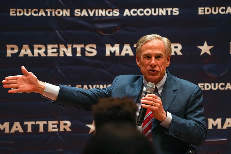 Texas Governor Greg Abbott speaks at a Parent Empowerment Rally in the auditorium of the Texas Capitol on Monday, Oct. 16, 2023.