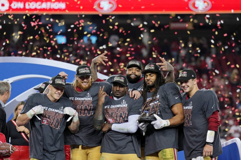 (Left to right) San Francisco 49ers running back Christian McCaffrey (23), tight end George Kittle (85), offensive tackle Trent Williams (71), wide receiver Deebo Samuel (19), and linebacker Fred Warner (54), and quarterback Brock Purdy (13) celebrate after winning the NFC Championship football game against the Detroit Lions at Levi's Stadium
