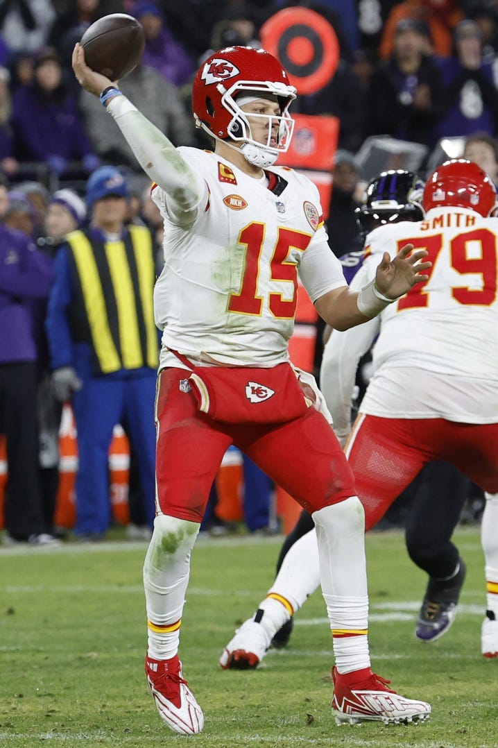 Kansas City Chiefs quarterback Patrick Mahomes (15) passes the ball against the Baltimore Ravens in the AFC Championship football game at M&T Bank Stadium.