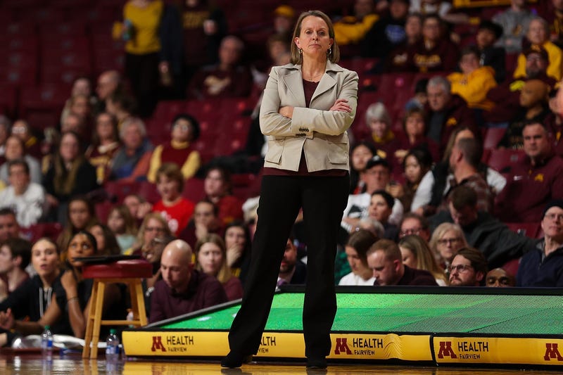 Golden Gophers women's basketball head coach Dawn Plitzuweit looks on during a game at Williams Arena.