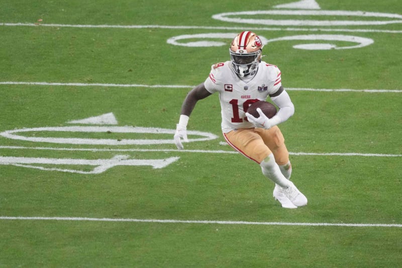 Feb 11, 2024; Paradise, Nevada, USA; San Francisco 49ers wide receiver Deebo Samuel (19) runs with the ball against the Kansas City Chiefs LVIII between Kansas City Chiefs and San Francisco 49ers at Allegiant Stadium