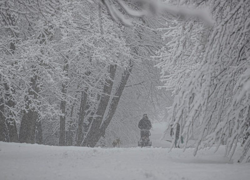 A parent pushes a stroller through the snow in Irvington, Westchester County, on Feb. 13, 2024