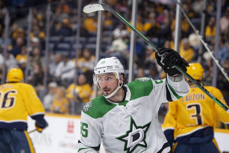 Feb 15, 2024; Nashville, Tennessee, USA; Dallas Stars center Matt Duchene (95) celebrates his goal against the Nashville Predators during the second period at Bridgestone Arena
