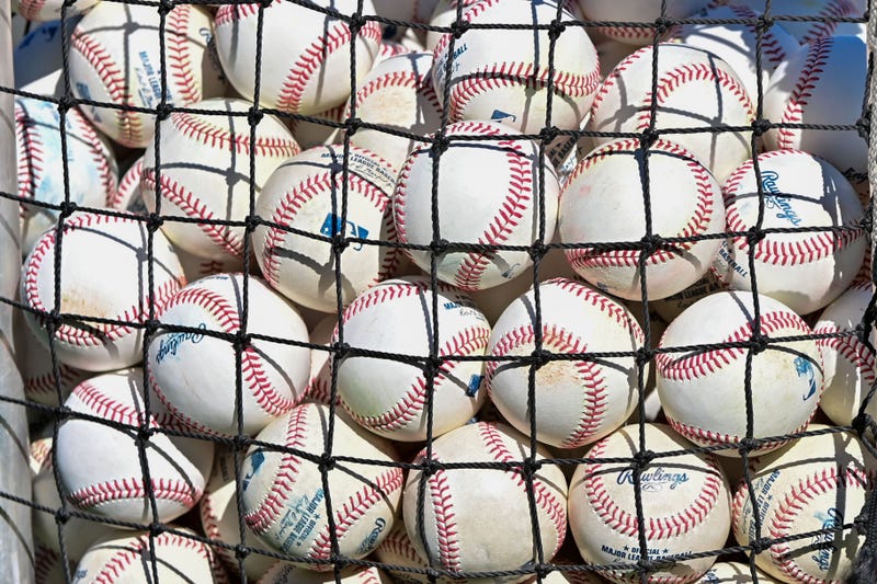 General view of baseballs during a Spring Training workout at Hohokum stadium.