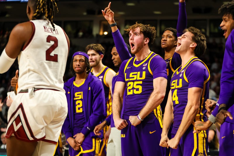 LSU Tigers bench players forward Adam Benhayoune (25) and guard Trace Young (14) celebrate a play