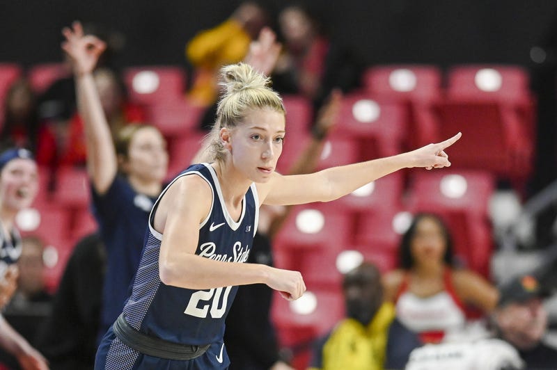  Penn State Nittany Lions guard Makenna Marisa (20) reacts after making a three point basket during the second half against the Maryland Terrapins 
