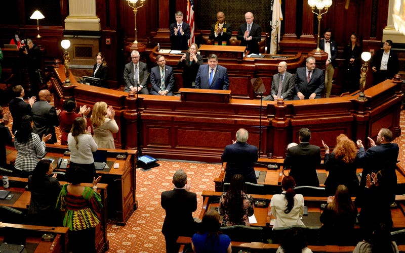 House Democrats give Illinois Gov. JB Pritzker a standing ovation during his annual State of the State budget address before the General Assembly Wednesday, Feb.21, 2024.