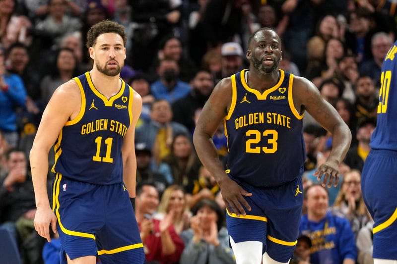 Jan 27, 2024; San Francisco, California, USA; Golden State Warriors guard Klay Thompson (11) and forward Draymond Green (23) during the third quarter against the Los Angeles Lakers at Chase Center. 