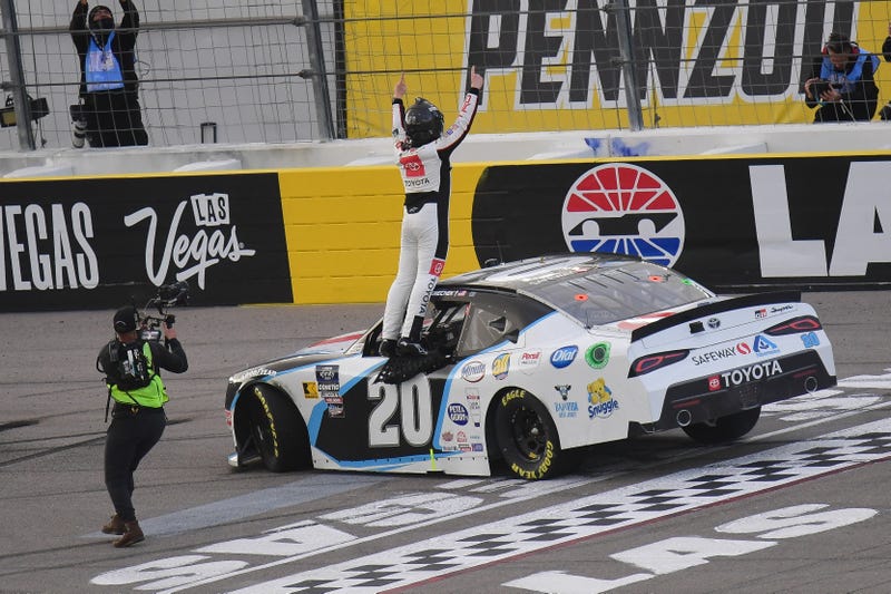 NASCAR Xfinity Series driver John Hunter Nemechek (20) celebrates his victory of the Liuna 300 at Las Vegas Motor Speedway.