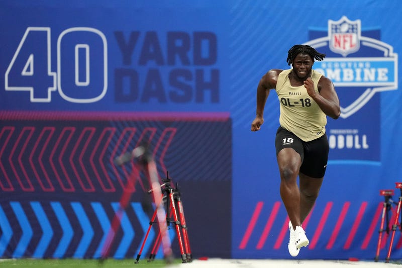 Penn State offensive lineman Olu Fashanu (OL18) during the 2024 NFL Combine at Lucas Oil Stadium.