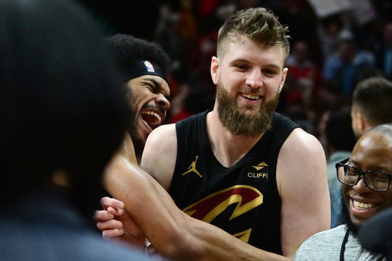 Cleveland Cavaliers center Jarrett Allen (31) and forward Dean Wade (32) celebrate after the Cavaliers beat the Boston Celtics in a regular season game.