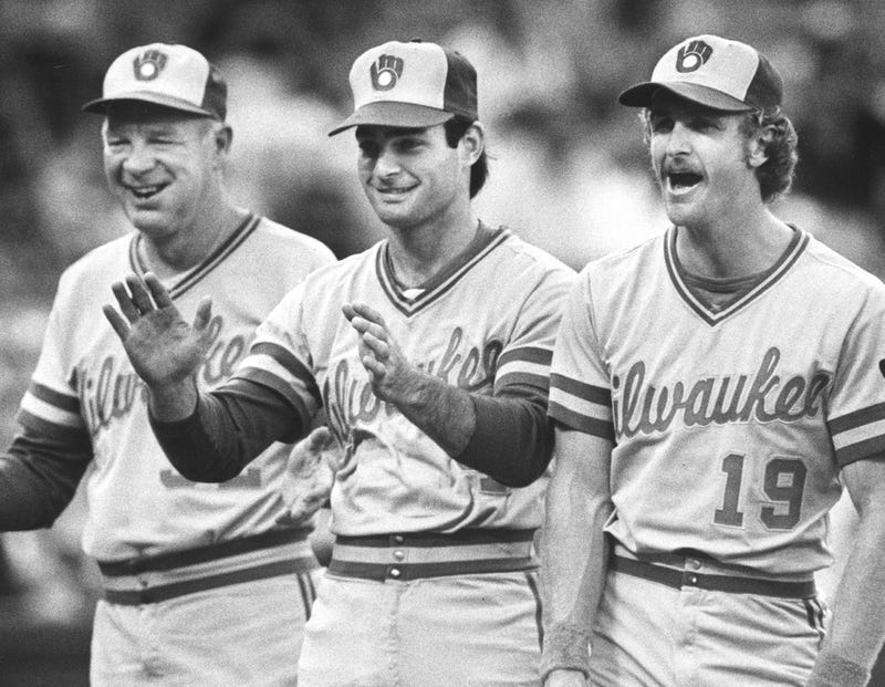 Oct. 5, 1982; Anaheim, CA, USA; Pre-game introductions of the1982 American League playoffs, left to right, Harvey Kuenn, Paul Molitor, and Robin Yount; Manditory credit: John Biever-USA TODAY NETWORK