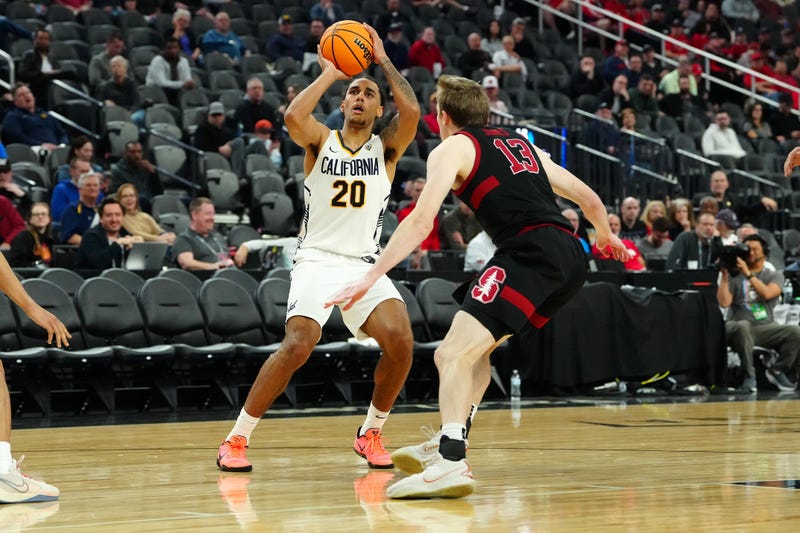 California Golden Bears guard Jaylon Tyson (20) looks to shoot against Stanford Cardinal guard Michael Jones (13) during the first half at T-Mobile Arena.