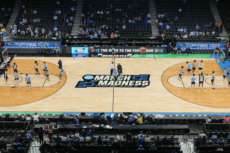 Overhead view of the floor during the NCAA first round practice session at Spectrum Center.