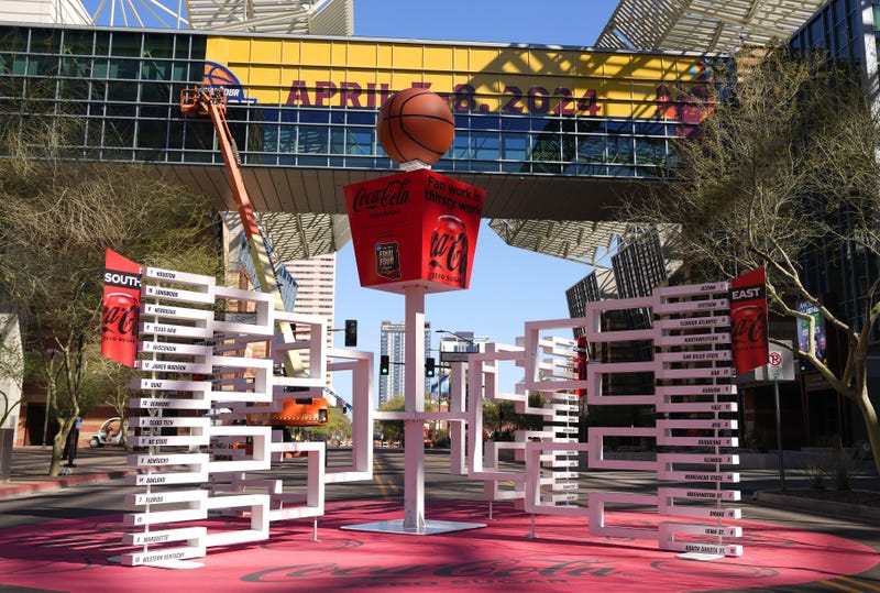 The Coca-Cola 3D Bracket installation featuring the NCAA tournament participants sits outside the Phoenix Convention Center on March 20, 2024.