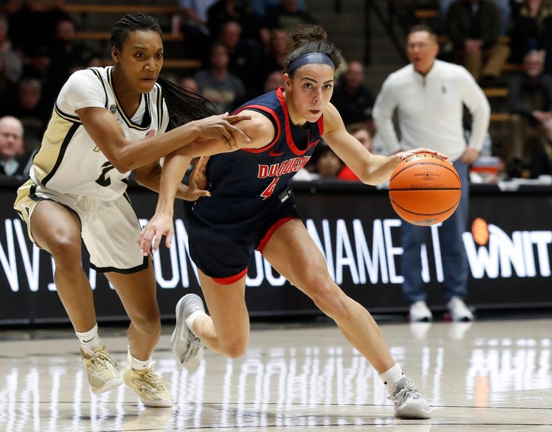 Megan McConnell dribbling for Duquesne
