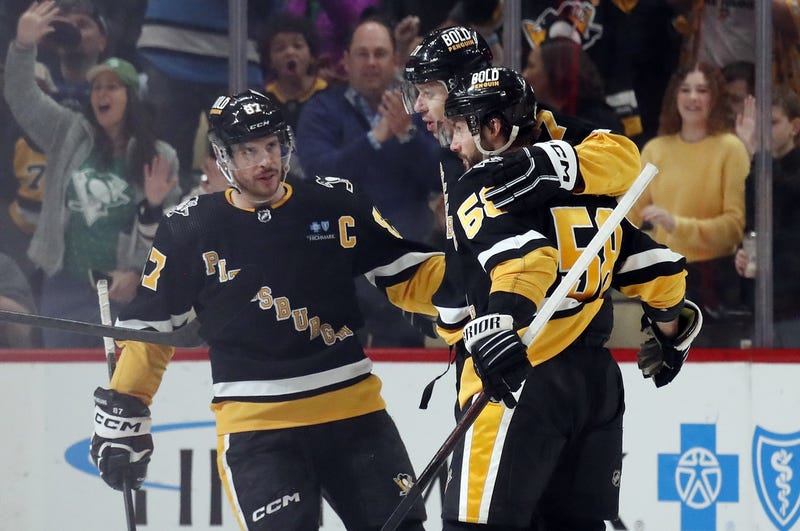 Sidney Crosby Kris Letang Evgeni Malkin celebrate after goal