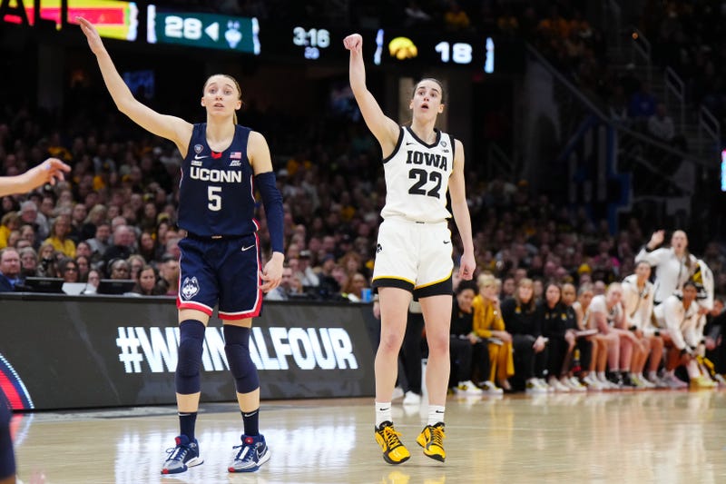 Iowa Hawkeyes guard Caitlin Clark (22) and Connecticut Huskies guard Paige Bueckers (5) in the semifinals of the Final Four in 2024. Clark was the top pick in last year's WNBA Draft which Bueckers is expected to be in 2025 as well.