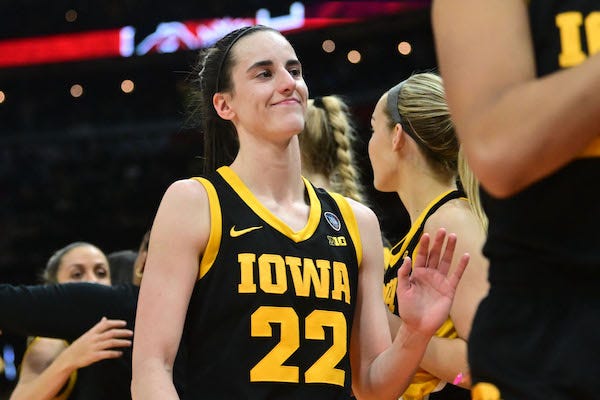 Iowa Hawkeyes guard Caitlin Clark (22) reacts after the game against the South Carolina Gamecocks in the finals of the Final Four of the womens 2024 NCAA Tournament