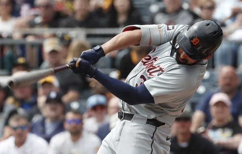 Detroit Tigers left fielder Riley Greene (31) hits a single against the Pittsburgh Pirates during the first inning